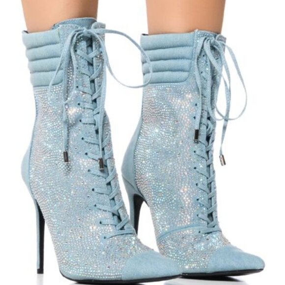 AZALEA WANG Shoes - AZALEA WANG " FLAMED EMBELLISHED RHINESTONED"  BOOTIE / DENIM ( BRAND NEW !!!!!